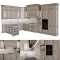 Classic Kitchen Interior With Carved Cabinets Glass Door Panels And Island Counter