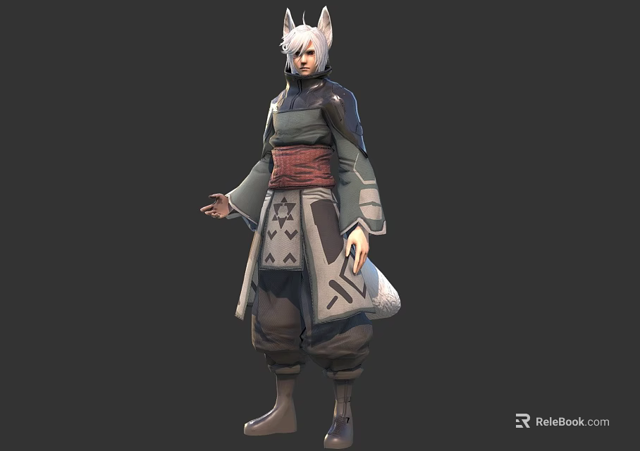 Fantasy Character With White Fox Ears Wearing Traditional Outfit Featuring Red Belt And Loose Sleeves 3d model 