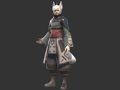 Fantasy Character With White Fox Ears Wearing Traditional Outfit Featuring Red Belt And Loose Sleeves 3d model