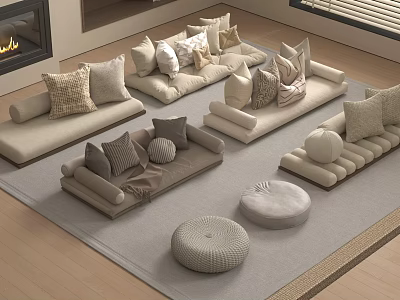 Modern Living Room Interior With Multiple Sofas Pillows Round Ottomans And Fireplace 3d model