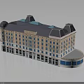 Classical Style Building Featuring Light Colored Facade Blue Roof Multiple Windows And Curved Corner
