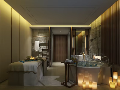 Luxurious SPA Sauna Room with Massage Beds Soaking Bathtub Warm Candles and Stone Walls 3d model