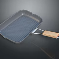 Gray Rectangular Grill Pan With Striped Surface And Wooden Handle For Daily Use 3d model