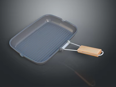 Gray Rectangular Grill Pan With Striped Surface And Wooden Handle For Daily Use 3d model