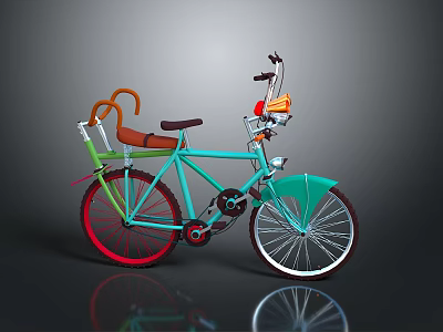 Vintage Bicycle with Blue Frame Red Wheels Brown Seat and Front Basket 3d model
