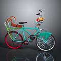 Vintage Bicycle with Blue Frame Red Wheels Brown Seat and Front Basket