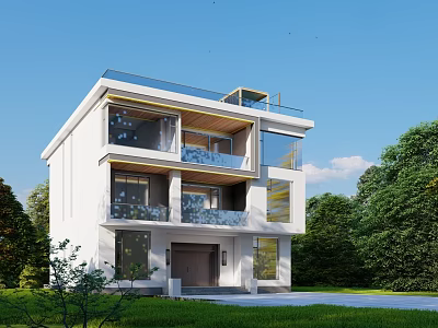 Modern Single Family Villa Exterior White Facade With Balconies Green Trees Lawn And Blue Sky 3d model