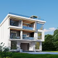 Modern Single Family Villa Exterior White Facade With Balconies Green Trees Lawn And Blue Sky