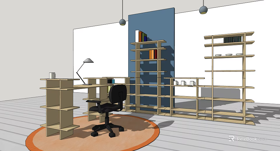 Stylish Office Desk With Black Chair Bookshelves Desk Lamp Orange Rug And Blue Wall 3d model 