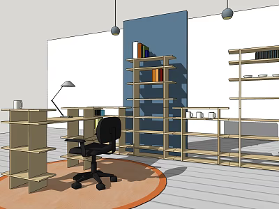 Stylish Office Desk With Black Chair Bookshelves Desk Lamp Orange Rug And Blue Wall 3d model