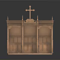 Wooden Religious Altar With Cross Carved Arch Structure And Intricate Details