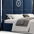 Modern Double Bed With Vertical Stripe Upholstered Headboard And White Grey Bedding 3d model