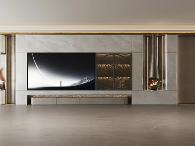 Modern Luxury Living Room Interior Design With Marble TV Wall Golden Panels And Fireplace 3d model