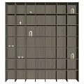Wooden Storage Cabinet Shelf with Dark Finish Multiple Compartments Against Brick Wall and Wooden Floor