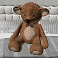 Plush Brown Teddy Bear Sitting On Bed With Striped Sheet And White Tufted Headboard