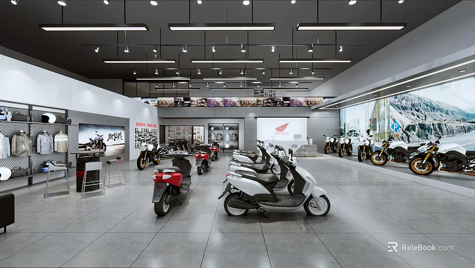 Modern Motorcycle Store Interior With Various Models And Display Setup 3d model 