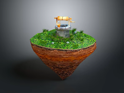 Floating Island With Lush Green Grass Water Well And Wooden Bucket 3d model