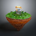 Floating Island With Lush Green Grass Water Well And Wooden Bucket