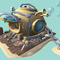 Cartoon Scene with Yellow Structure Window Humanoid Character Wooden Barrels Gears Tools on Wooden Platform
