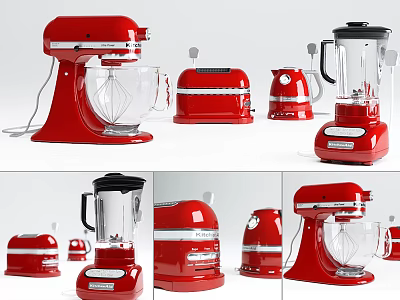 Red Kitchen Appliances Mixer Toaster Kettle Blender Modern Home Collection 3d model