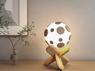 Modern Spherical Table Lamp with Brown Dots and Wooden Cross Base Design 3d model