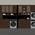 Modern Laundry Room With Wooden Cabinets Washing Machine Dryer And Open Shelves