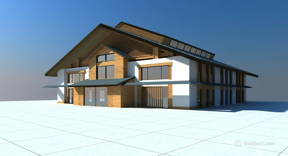 Modern House With Wooden And White Exterior Sloped Roof And Solar Panels 3d model 