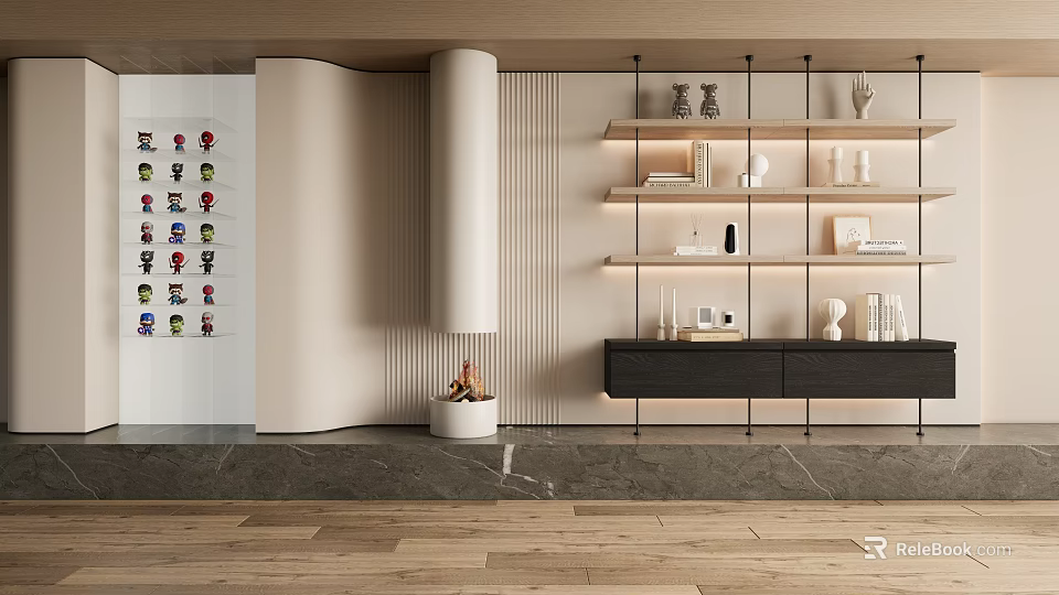Modern Home Interior Featuring Stylish Shelving Unit With Decorative Vases Books And Ornaments 3d model 