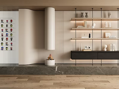 Modern Home Interior Featuring Stylish Shelving Unit With Decorative Vases Books And Ornaments 3d model