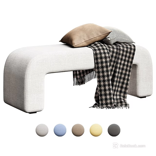 Light Gray Fabric Sofa Bench with Pillows and Plaid Blanket Multiple Color Options 3d model 