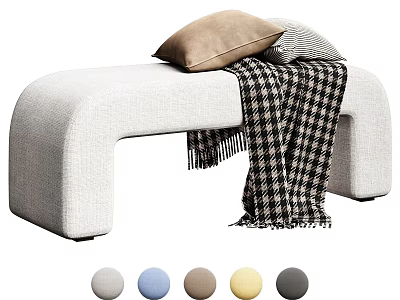 Light Gray Fabric Sofa Bench with Pillows and Plaid Blanket Multiple Color Options 3d model