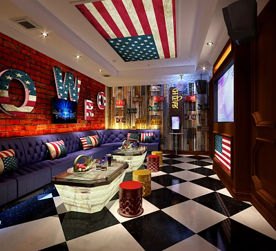 Modern KTV Lounge With American Flag Ceiling Red Brick Wall Blue Sofa And Checkerboard Floor 3d model