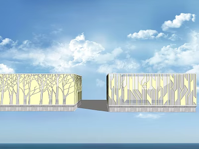 Modern Decorative Fence with Tree and Geometric Patterns Against Blue Sky and Sea 3d model