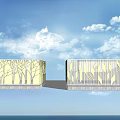 Modern Decorative Fence with Tree and Geometric Patterns Against Blue Sky and Sea