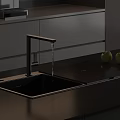 Stainless Steel Kitchen Sink With Faucet Water Flowing And Yellow Apples On Black Countertop