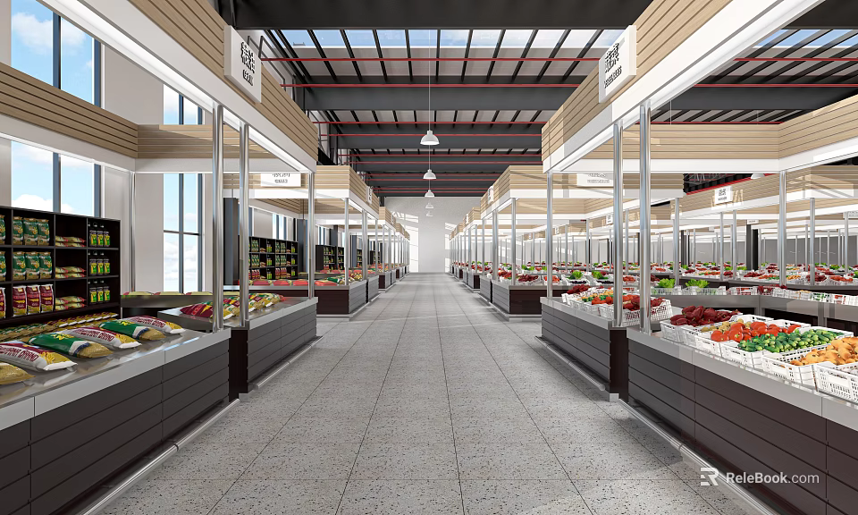 Spacious Supermarket Interior With Product Displays And Aisles 3d model 