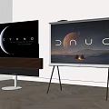 Two Modern Televisions On Stands With Soundbar And Scenic Screens In Wooden Room