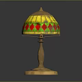 Vintage Table Lamp With Stained Glass Shade Yellow Green Red Diamond Pattern And Golden Base