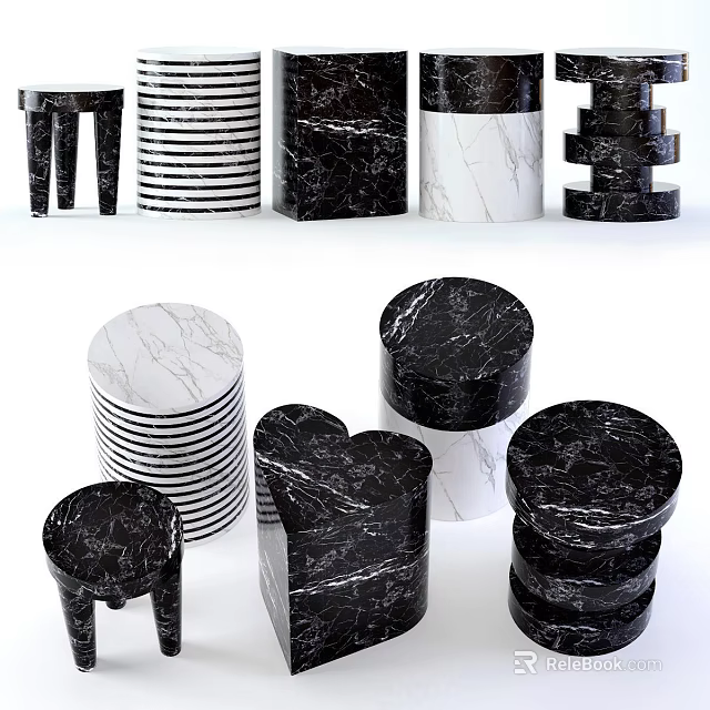 Black And White Marble Stools With Various Striped Designs And Different Modern Shapes 3d model 