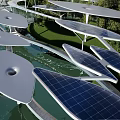 Modern Unique Landscape Bridge Over Water With Leaf Shaped Canopies And Tree Islands