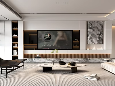Modern Minimalist Luxury Living Room With Smart TV And Marble Coffee Table Elegant Interior Design 3d model
