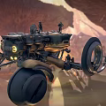 Futuristic Mechanical Weapon With Large Circular Frame Orange Accents And Bright Illuminated Lights