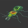 Colorful Iridescent Beetle With Shiny Green Blue Shell And Prominent Mandibles On Black Background