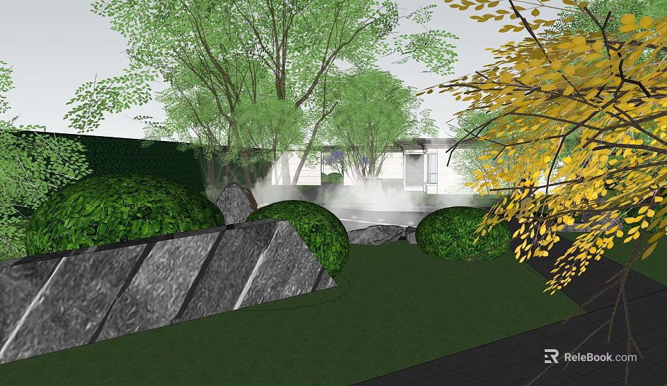 Tranquil Garden Landscape with Green Grass Trimmed Shrubs Rocks Mist and Yellow Trees 3d model 