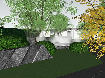 Tranquil Garden Landscape with Green Grass Trimmed Shrubs Rocks Mist and Yellow Trees 3d model