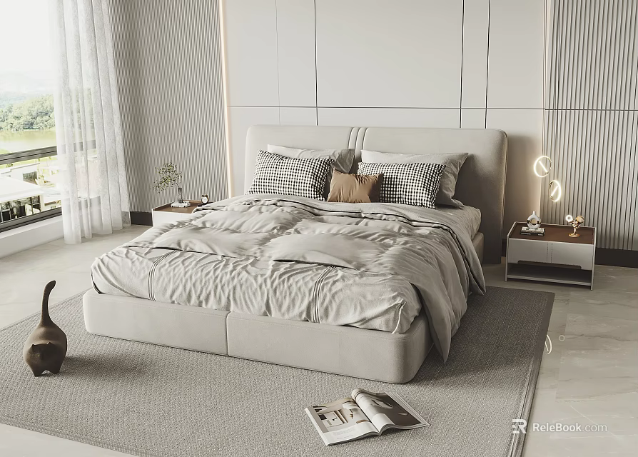 Modern Minimalist Beige Double Bed With Patterned Pillows Bedside Tables And Carpet 3d model