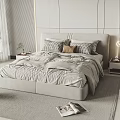 Modern Minimalist Beige Double Bed With Patterned Pillows Bedside Tables And Carpet 3d model