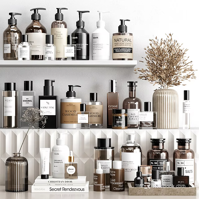 Stylish Organized Bathroom Accessories with Glass Bottles Ceramic Jars and Essential Toiletries 3d model 