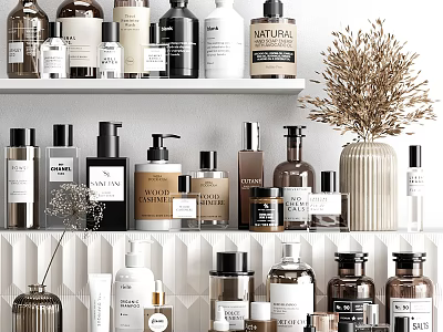 Stylish Organized Bathroom Accessories with Glass Bottles Ceramic Jars and Essential Toiletries 3d model