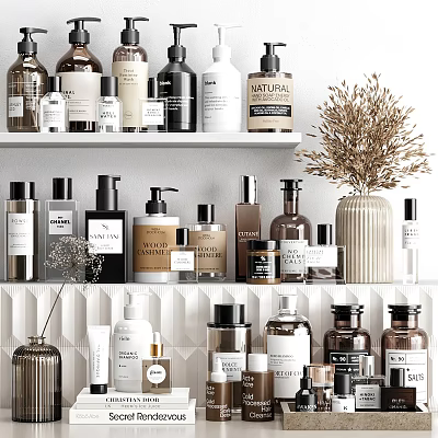 Stylish Organized Bathroom Accessories with Glass Bottles Ceramic Jars and Essential Toiletries 3d model